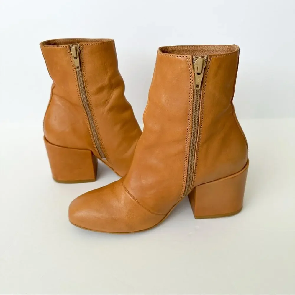 Free People Nicola Chunky Leather Booties SZ 6/36 Tan Block Heel Ankle Boots Zip - Picture 8 of 12